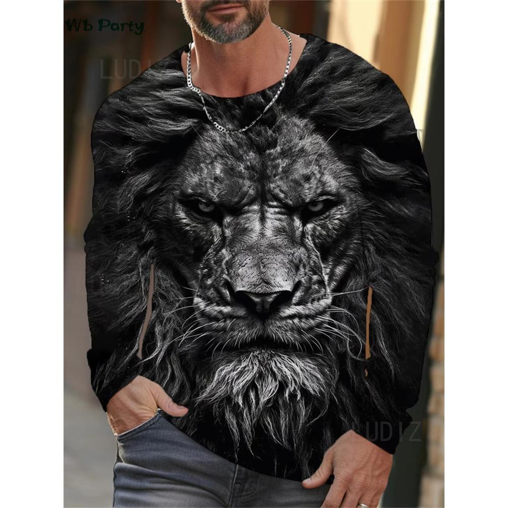 Vintage Lion T Shirt Men 3D Print Lion Graphic T Shirts Men Long Sleeve T-Shirt Mens Clothing Casual Loose Men's Clothing Tops