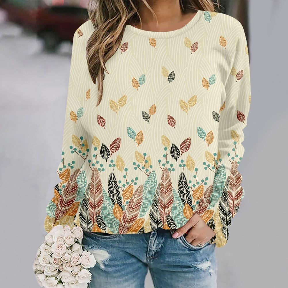 Women s casual and fashionable round neck long sleeved printed T-shirt XS