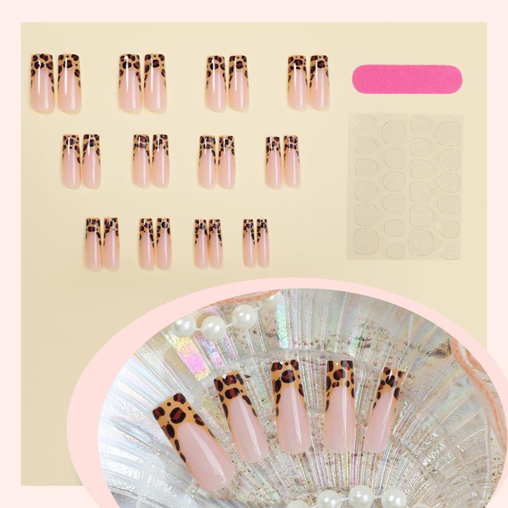 24 Stück lange Sargnägel zum Aufdrücken, Leopardenmuster, künstliche Nägel, Herbst, vollständige Abdeckung, zum Aufkleben, künstliche Nägel für Frauen