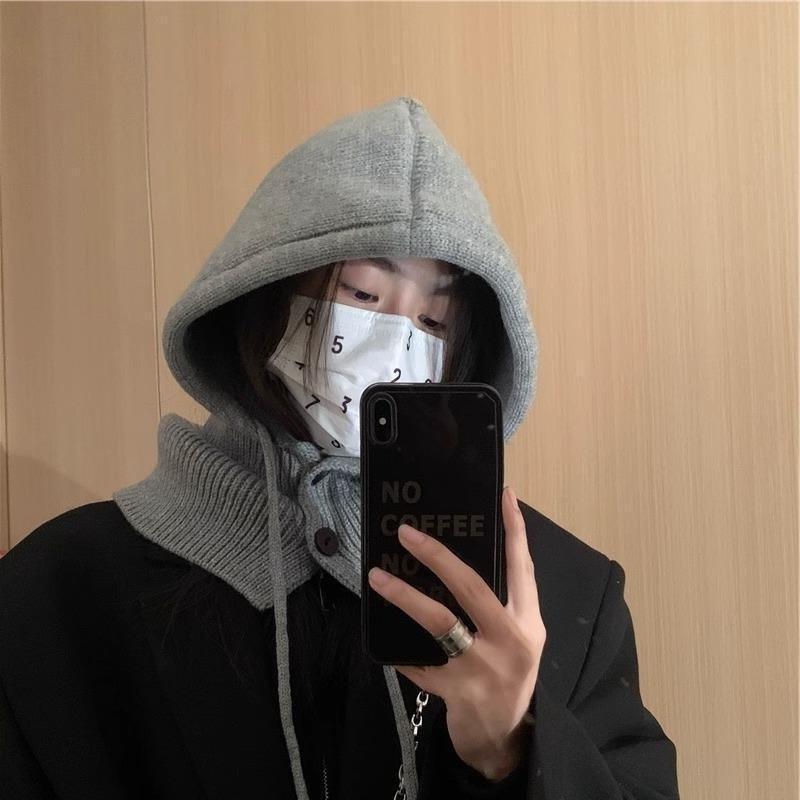 Schlichter Schal im koreanischen Stil mit integriertem Nackenschutz, warm, gestrickt, Wolle, Ohrenschutz, Schal, Mütze