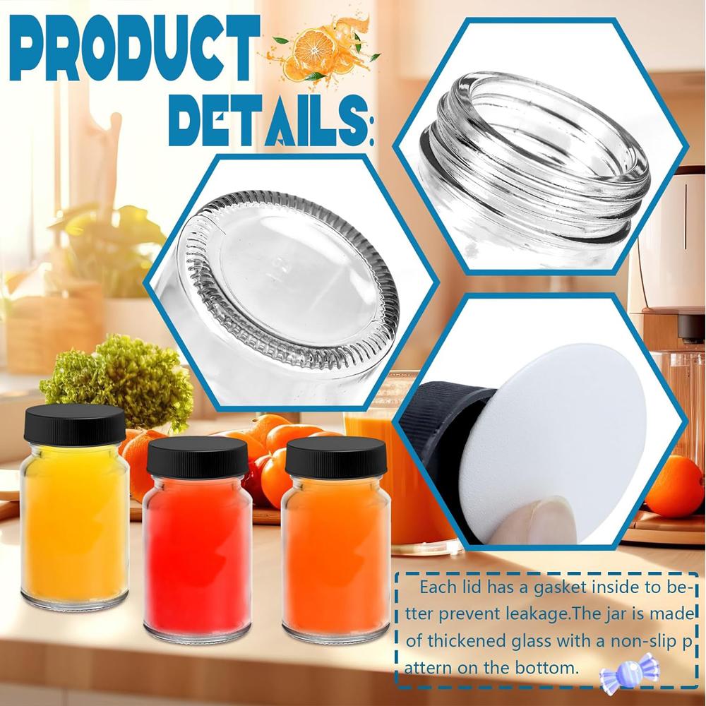 2oz Glass Shot Bottles, Reusable Small Mason Jar Shot Glasses Cute Juice Bottles Storage Container with Leak Proof Lids
