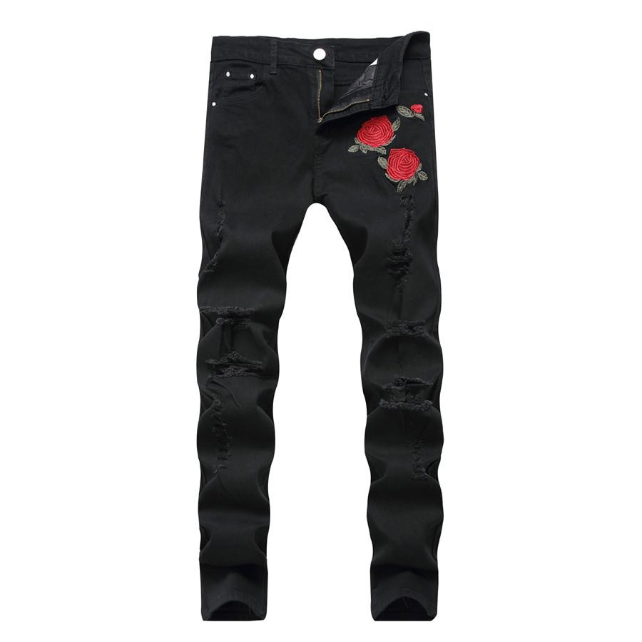 Wovey Zwarte Gescheurde Jeans met Borduurwerk Mannen met Bloemen Rozen Geborduurde Mannen Denim Jeans Stretch Skinny Jeans Broek 42