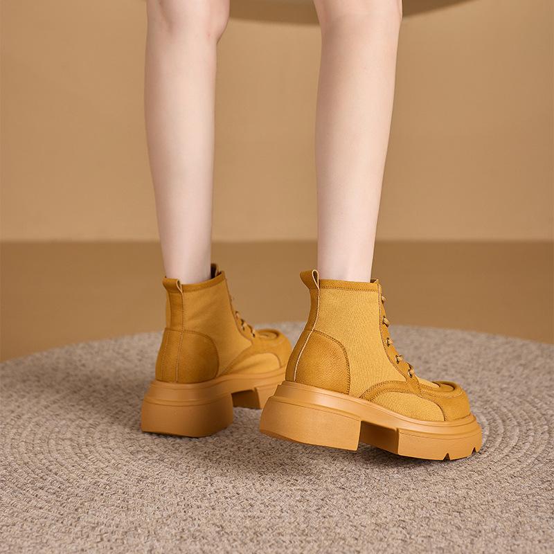 2026 Autumn Splicing Thick Bottom Leather Face Women's Korean Version Lace Up Casual Shoes Women's Inner Yellow Boots Women