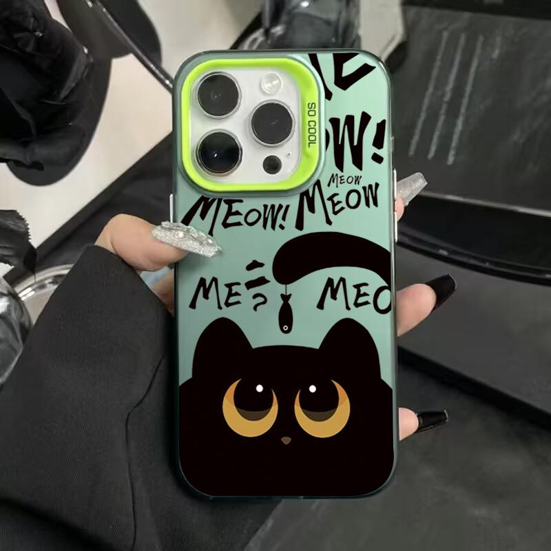 Cartoon Black Cat Eating Fish Electroplate Silver IMD Phone Case For iPhone 16 15 14 Pro Max 13 12 11 Pro 7 8 Plus X XS XR Cover