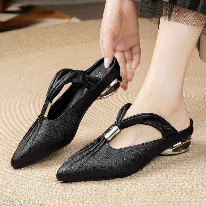Anti-slip Shoes, Casual Chunky Heel Pointed Toe Half Slippers, Wrap-around Slippers