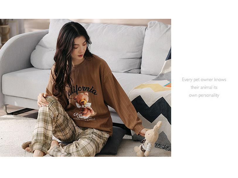 2025 Women's Spring & Autumn Cute Cartoon Cotton Pajamas - Long Sleeve & Pants, Comfortable Pullover for Homewear