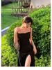 Summer Black Irregular Draped Strap Midi Dress - French Sexy Slimming Split Design