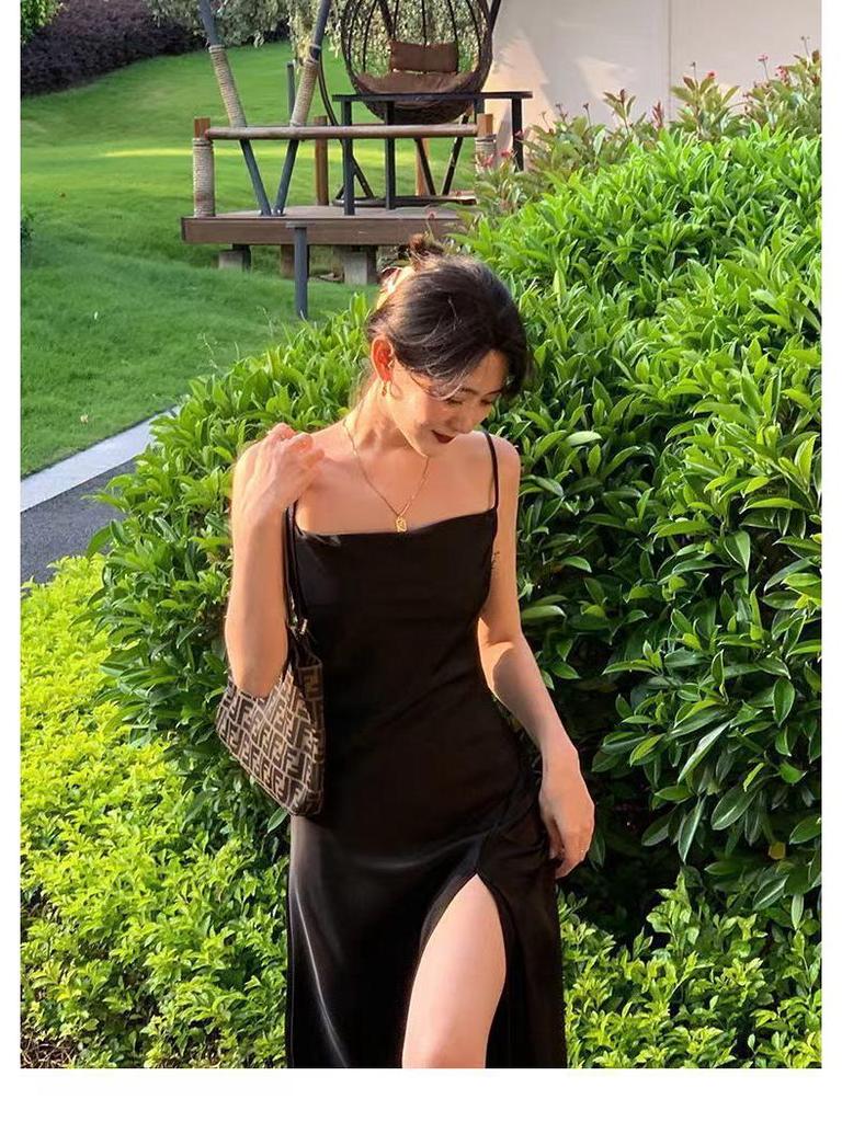 Summer Black Irregular Draped Strap Midi Dress - French Sexy Slimming Split Design