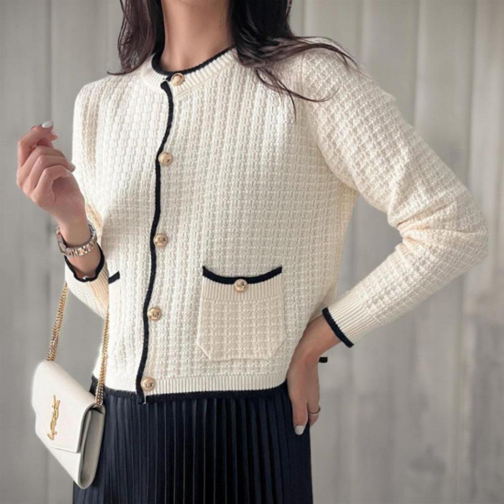 New Arrivals Open Run Women Bicolor Waffle Knit Round Neck Pocket Gold Button G