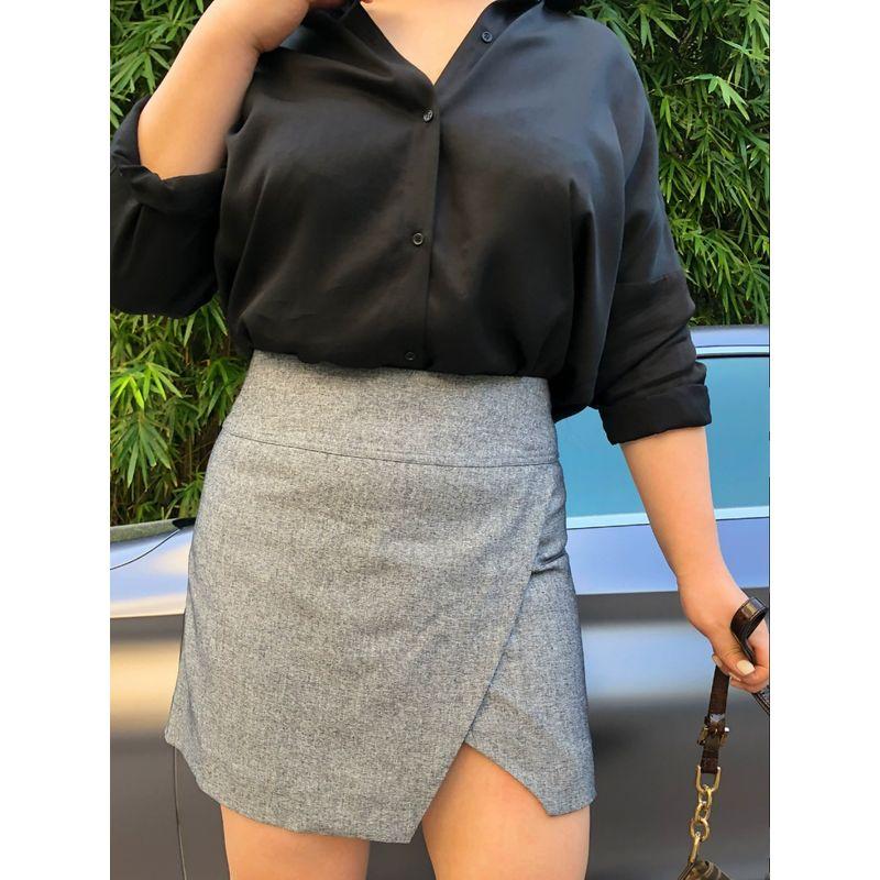 

50% off Miss Biggie European and American Plus size Slimming Versatile Ol Folding Door Placket Gray Woollen Cloth Skirt Short dress Blue-Gray XXXL