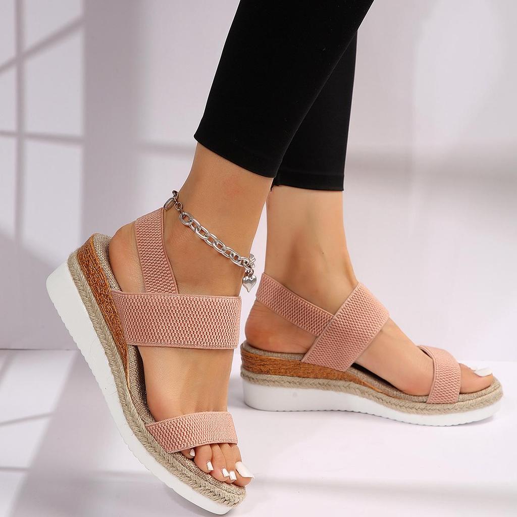 Plus Size Elastic Band Wedge Sandals, Women's Summer 2025, Slip-on Thick Sole Open Toe Sandals