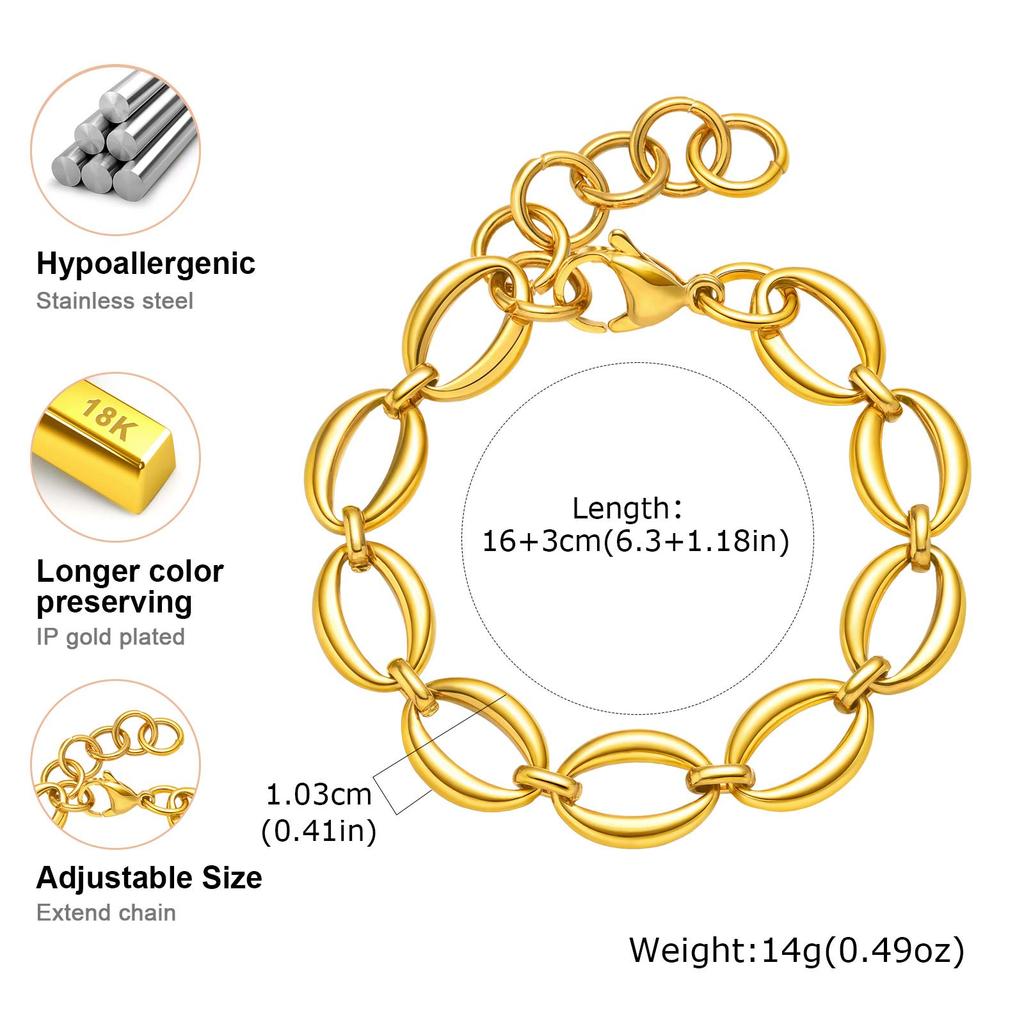 Minimalist Oval Handmade Chain Bracelet,Gold Color Women's Stainless Steel Waterproof Chain Bracelets,Fashion Jewelry Gift