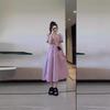 Women's High-End Purple Petite Bubble Sleeve Long Dress for Early Spring