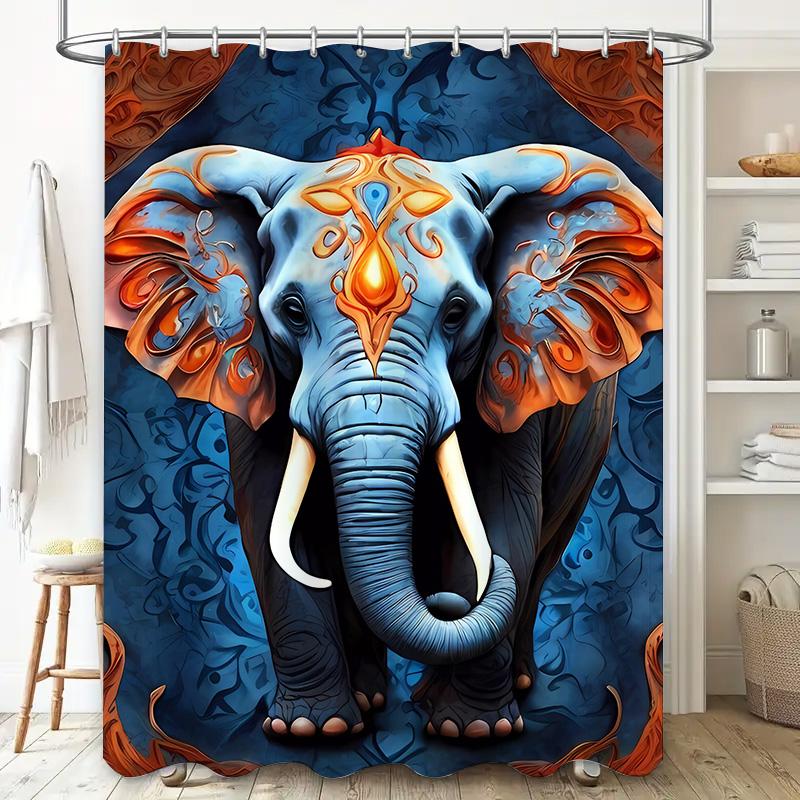 Blue Floral Elephant Shower Curtain Decorative Blue Fabric Waterproof Bath Mat Set for Home Living Room Decoration
