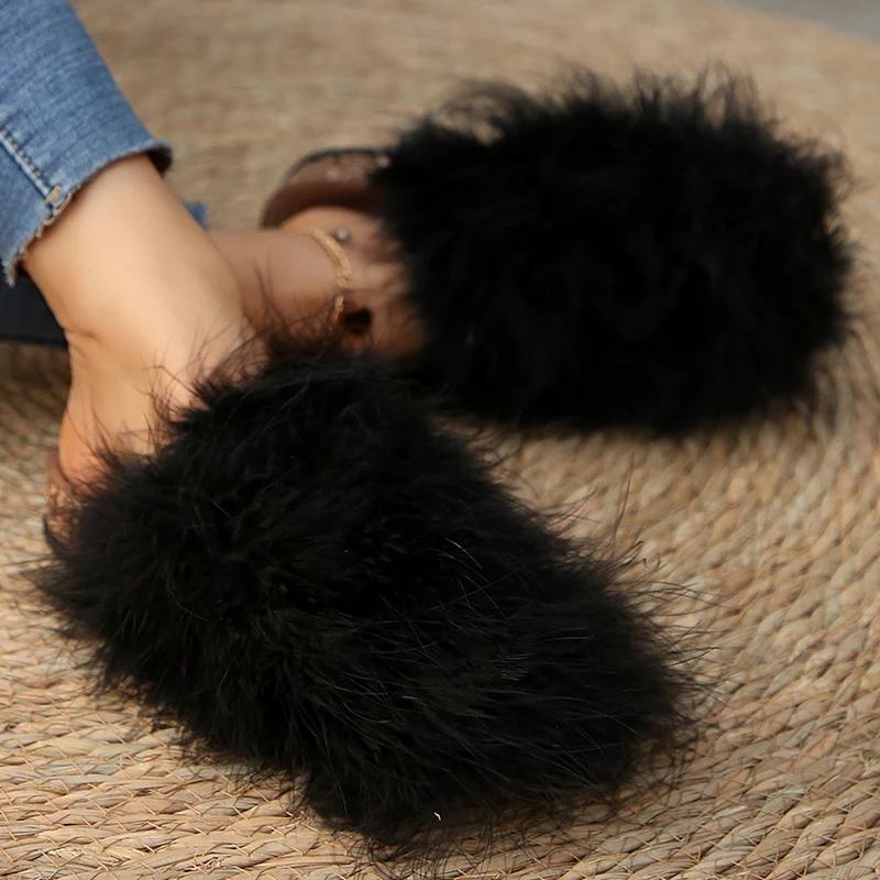 Fashion Korean Faux Fur Cotton Slippers for Women Slip On Round Toe Fur Slippers Woman Winter Non Slip Solid Color Plush Slides Female