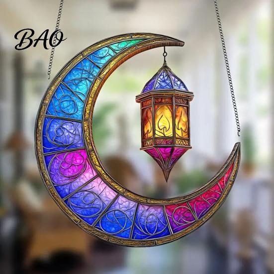 Sun Catcher Ornament 2D Acrylic Star Moon Lantern Suncatcher, Crescent Window Hanging Cute Pattern Suncatcher for Home, Patio, Garden, Ramadan Decor,