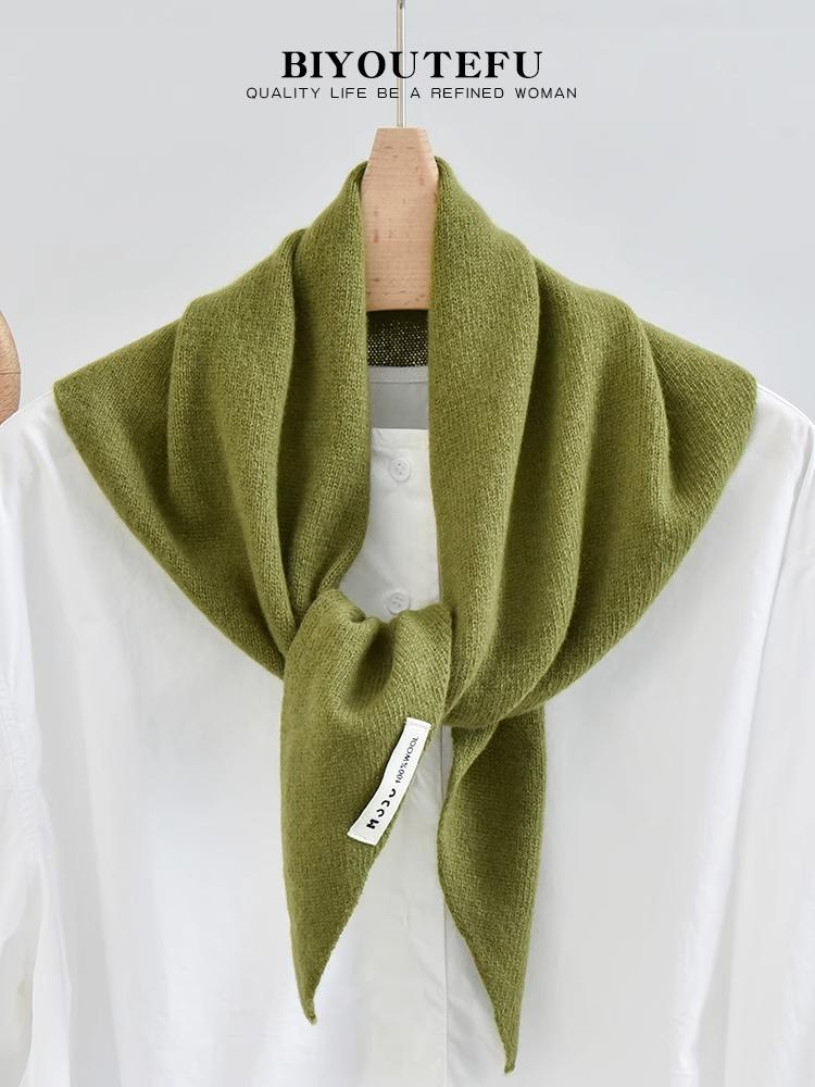 100% Australian Wool Knitted Triangle Scarf Shawl Women's Autumn  Winter Warm Neck Protection Scarf Decorative  Small Scarf
