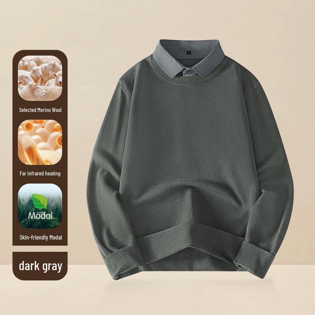 Men's Wool Modal Faux Two-Piece Lapel Sweater: New Autumn/Winter Warm Knit Base Layer Top