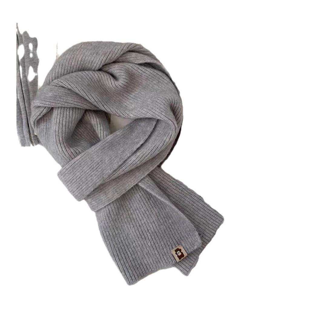 Korean Version Solid Color Versatile Bear Logo Scarf for Women Autumn and Winter Warm Knitted Cute Couple Student Scarf