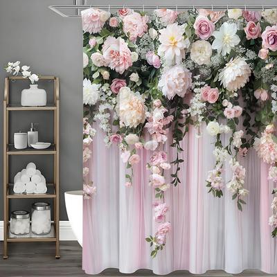 Charming Floral Shower Curtain For A Romantic Bathroom, Featuring Cascading Pink And White Flowers With Lush Greenery.