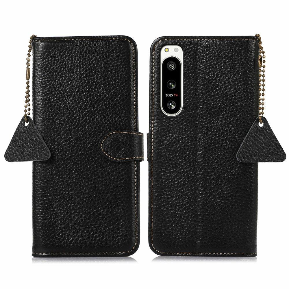 For Sony Xperia 5 IV 5G Case RFID Blocking Genuine Cow Leather Phone Cover Litchi Texture
