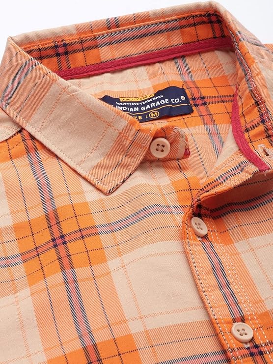 Men Slim Fit Checkered Full Sleeves Spread Collar Casual Shirt ( Rust )