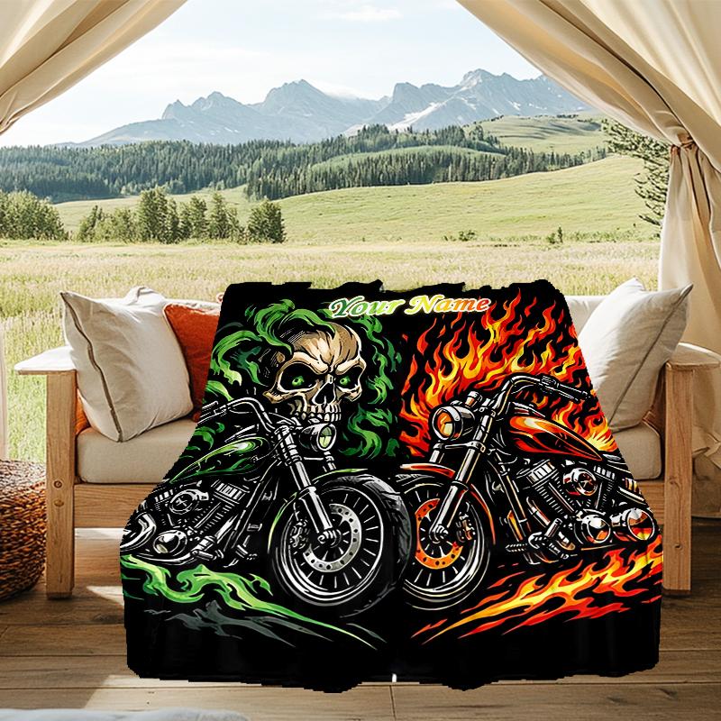 1PC Custom Name Skull Flames Motorcycle Art outdooor Flannel blankets Throw Blanket All-Season Throw Gift Bedspread for Couch, Bed, Camping Holiday Bi