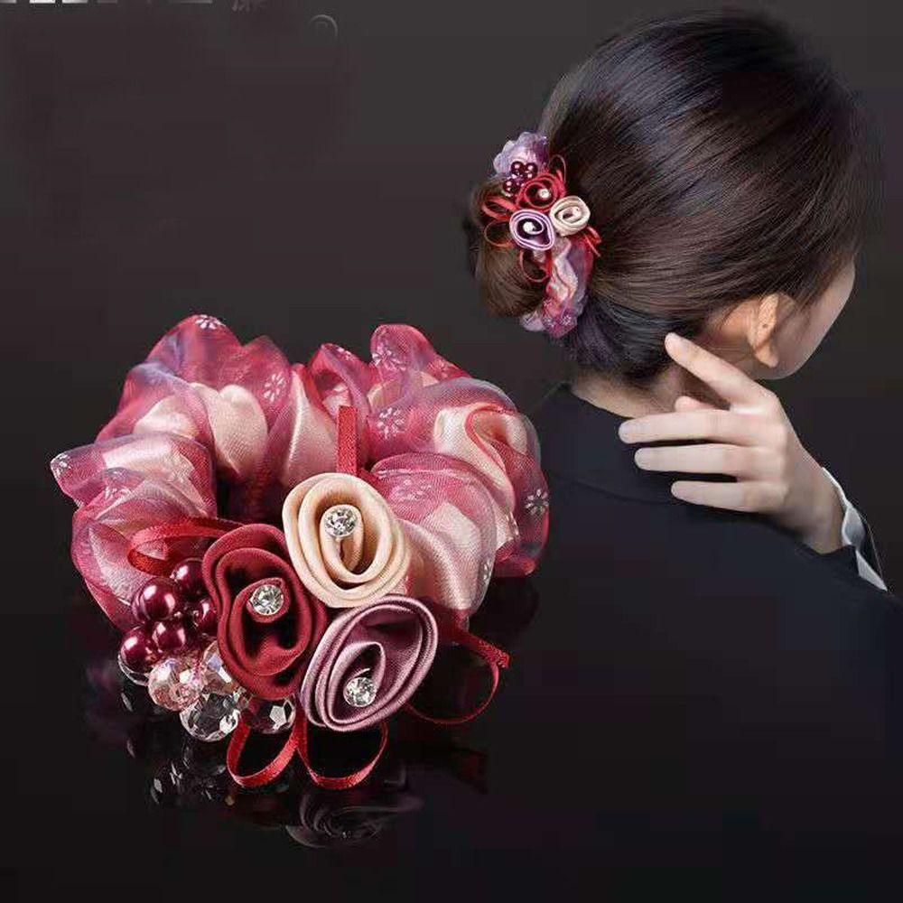 Headwear Beaded Hair Bands Flower Mesh Scrunchies Women Hair Ties Hair Rubber Bands Double Layer