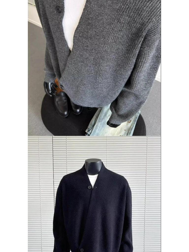 2025 Autumn/Winter Retro Casual V-Neck Men's Cardigan Sweater - Solid Color Knit Outerwear
