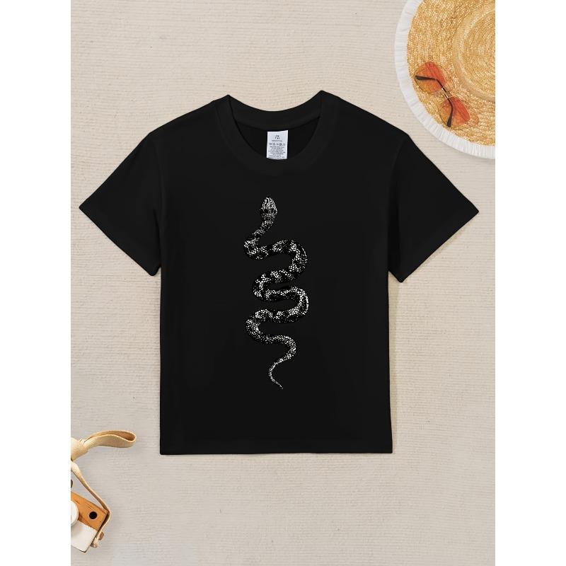 

European sizes Boys & Girls Kids Short Sleeve T-Shirt with White Snake & Ouroboros Symbol Print - Black Casual Round Neck Tee 98cm чёрный