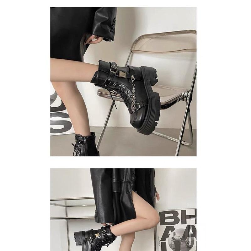 Chain Decor Platform Martin Boots Women Lace Up Side Zipper Ankle Boots