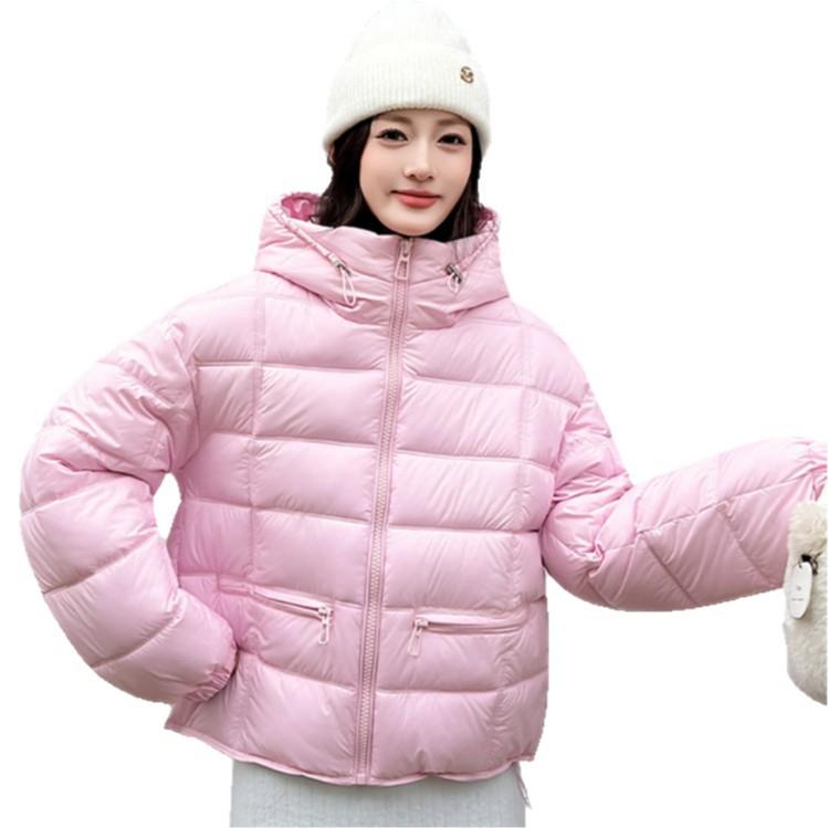 Women Hooded Quilted Puffer Jacket Solid Color Loose Fit Short Winter Coat