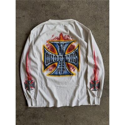 West Coast Choppers Felpa a Maniche Lunghe con Grafica Cruz Fiamma Lavata Uomo Streetwear Cotone T-Shirt Grafica Vestibilità Larga