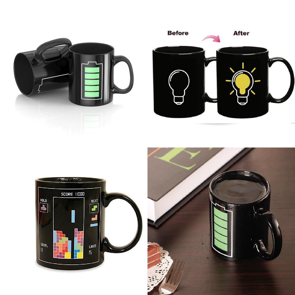 Color Shift Coffee Cup With Light Bulb Tetris Battery Pattern For Office And Home Use