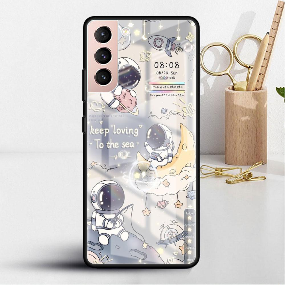 Glashülle für Samsung Galaxy S22 S20 FE S21 5G S10 S9 Plus Note 10 20 Lite gehärtete Telefonabdeckung Astronaut Cartoon