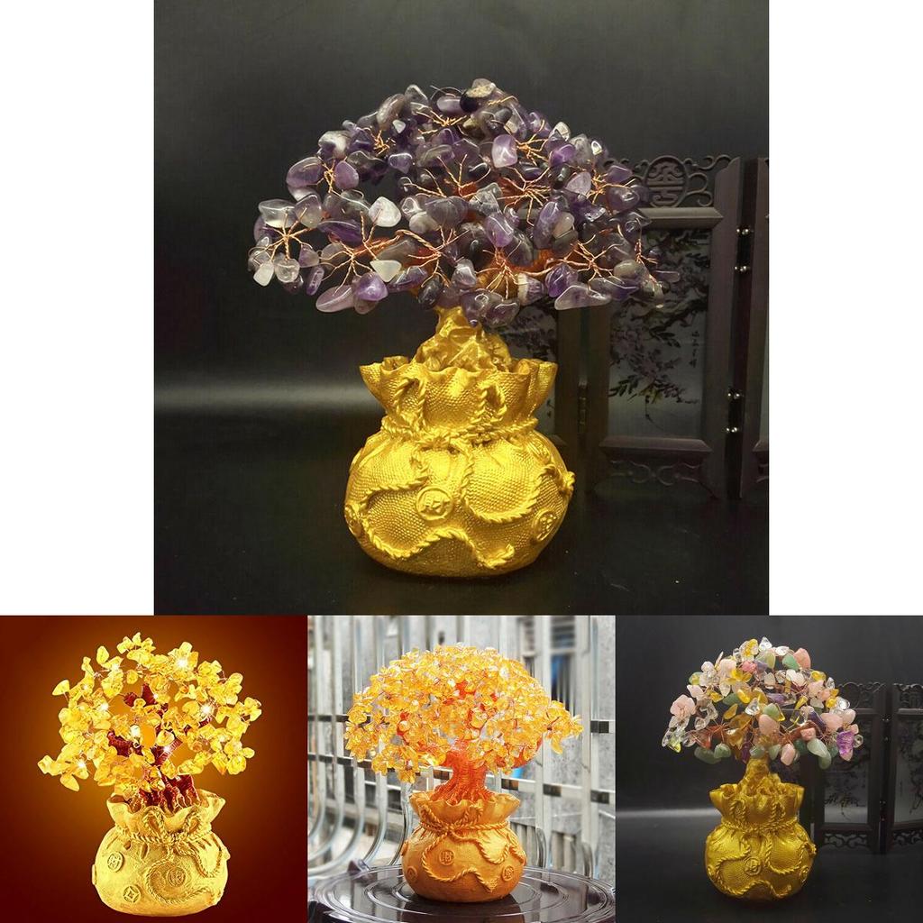 Exquisite Feng Shui Money Tree Featuring Yellow Citrine And Amethyst Crystal Leaves