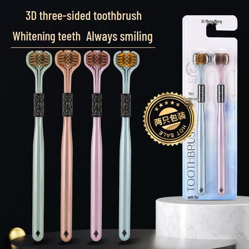 Three-Sided 3D Adult Toothbrush with Soft Bristles and Tongue Scraper