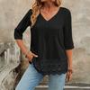 Damen Shirt V-Ausschnitt 3/4 Ärmel Freizeitshirt mit Spitze Hohlspitzensaum Jacquarddekor Einfarbig Atmungsaktive Oberteile