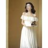 Retro dress beige one-word shoulder thin fairy skirt temperament super fairy summer