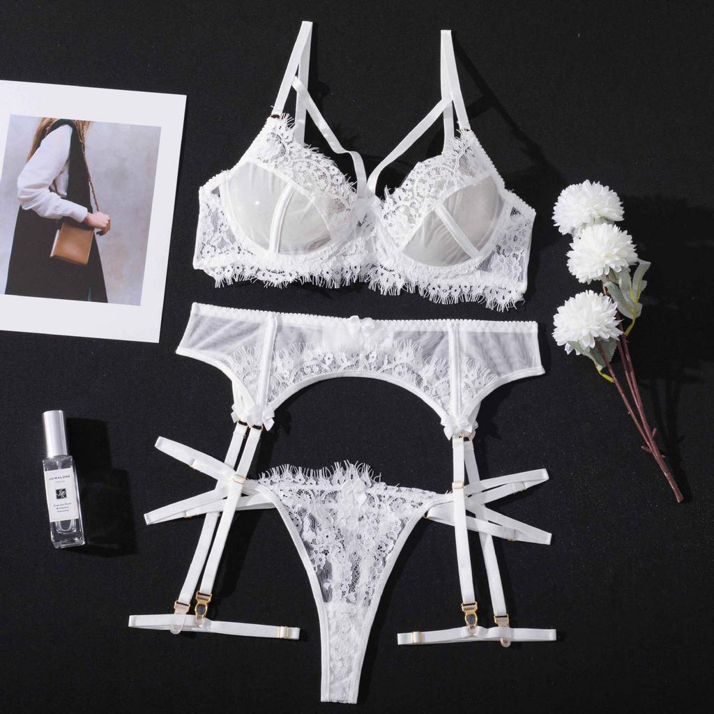 Sensual Lace Trim Thong Leg Garter Set - Ultra-Thin, See-Through, Chest-Minimizing Lingerie