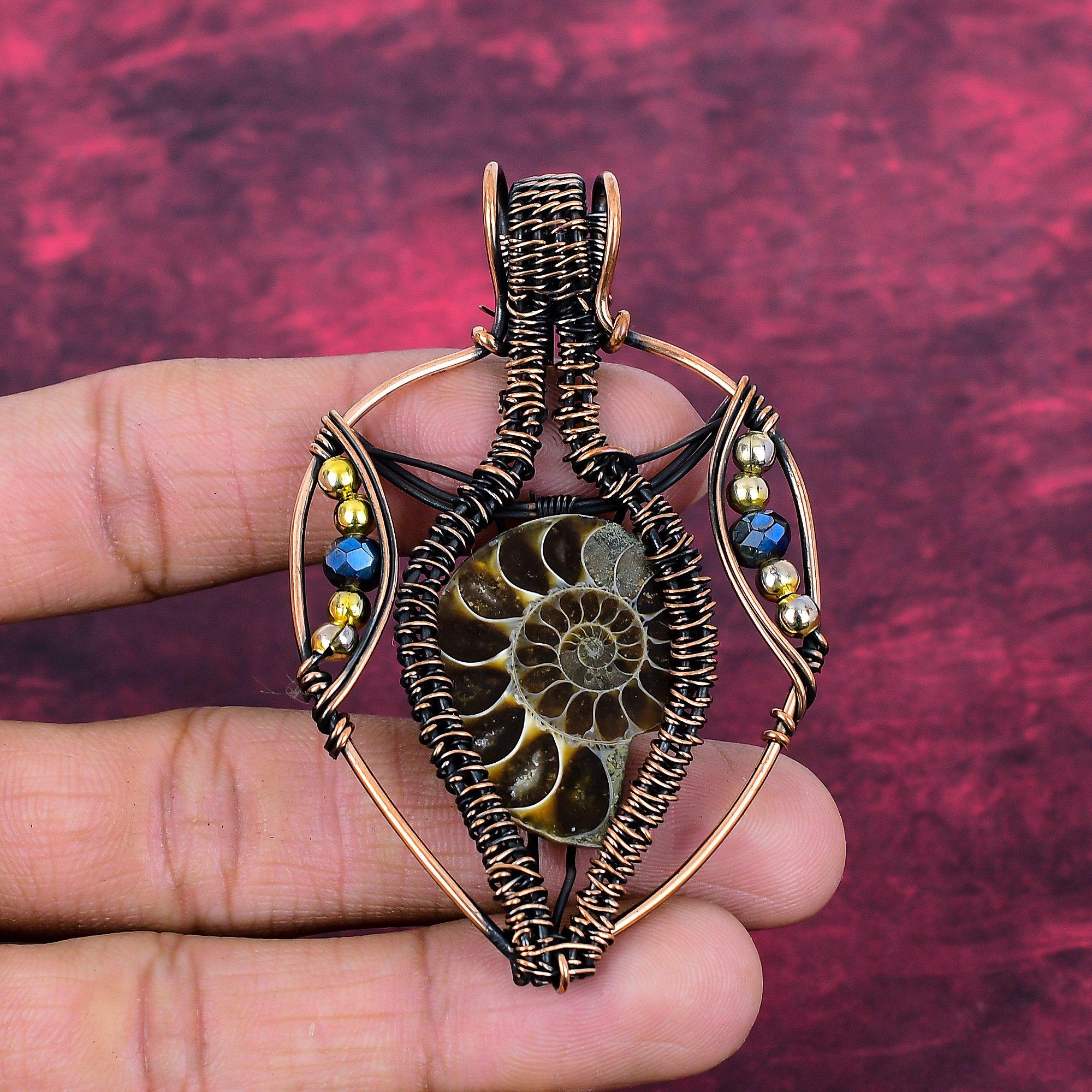 Ammonite Fossil Gemstone Pendant Copper Wire Wrapped Pendant Handmade Jewelry