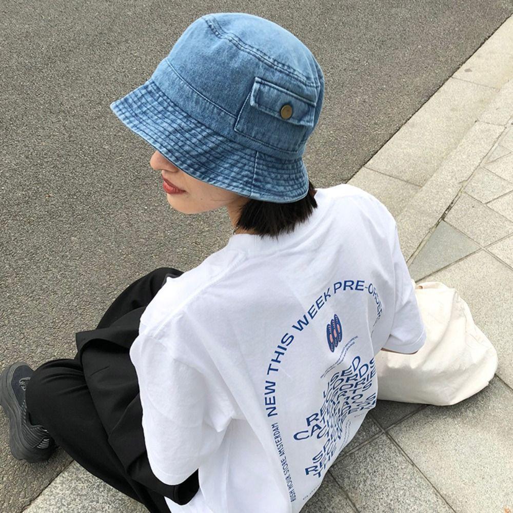 Solid Color Denim Bucket Hat Travel Fisherman Cap Fashion Pocket Sun Hats  Men Women