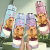 1PC Capybara In Pink Bowl Cartoon 750ml Color Plastic Sports Water Bottle Leakproof Flip Straw Lid Suitable for Sports Office Home Use