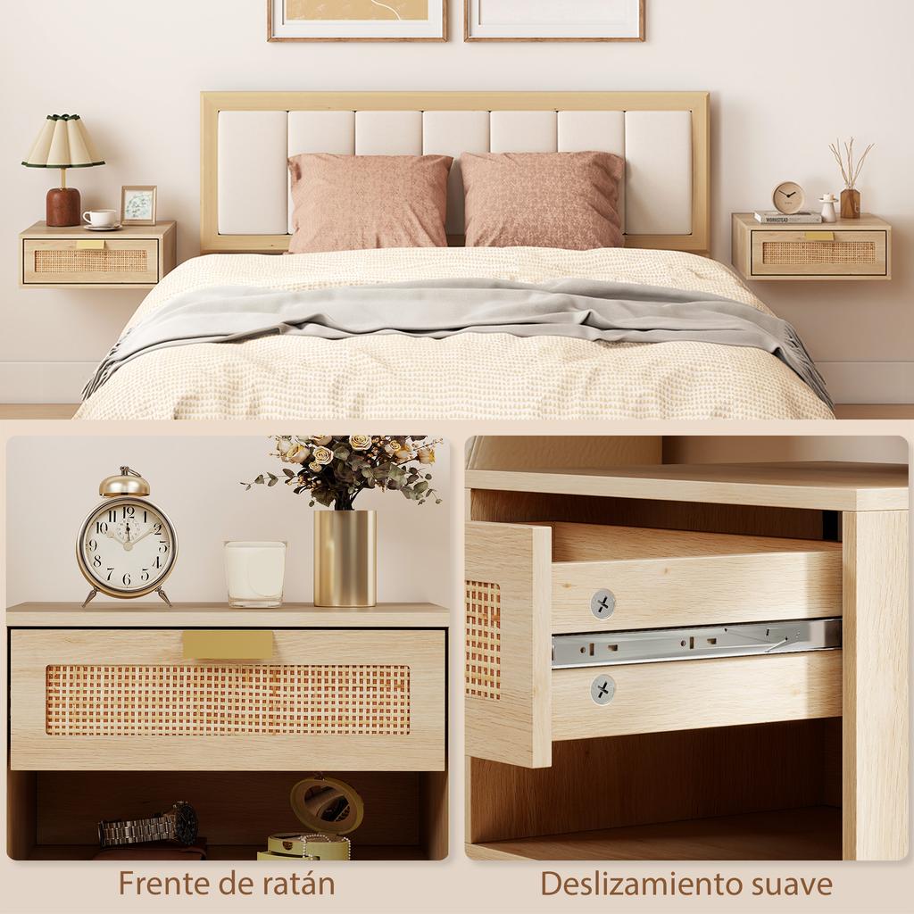 Set di 2 comodini sospesi, armadietti da comodino a parete con cassetto in rattan e effetto legno, rovere