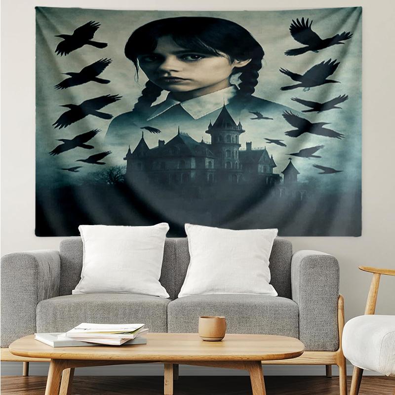 Wednesday Print Tapestry, Backdrop, Easy Setup, Ideal for Bedroom, Office & Living Room, with Aesthetic Wall Hanging Decor.