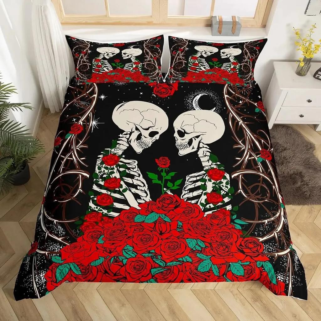 Sugar Skull Lover Duvet Cover King Kissing Couple Skeleton Bedding Set Red Rose Comforter Cover Death And Love Theme Quilt Cover