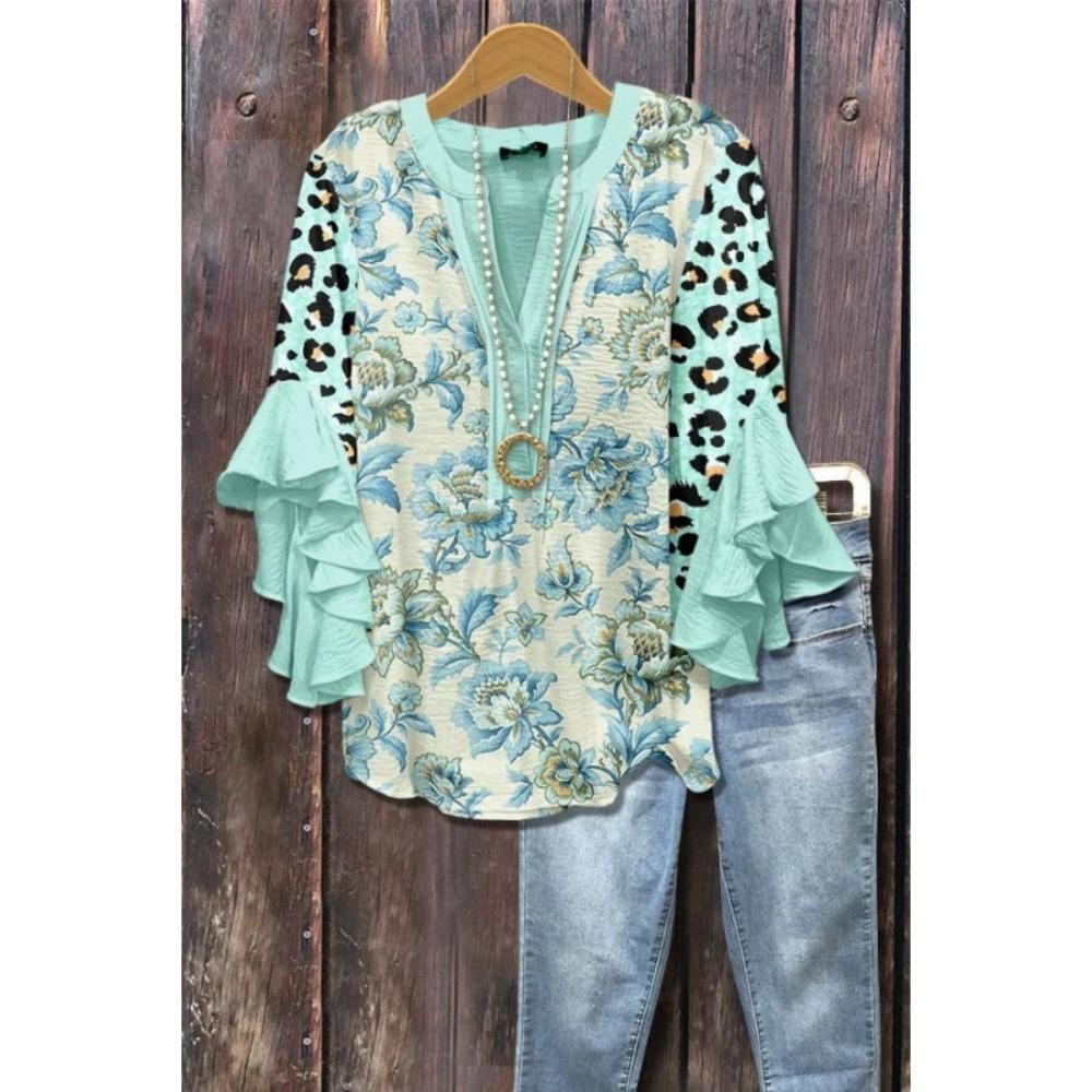 Large Women's Bohemian V-neck Shirt with Ruffle Sleeves, Grey Brown Floral Print Top, Casual Breathable Machine Washable Pullover