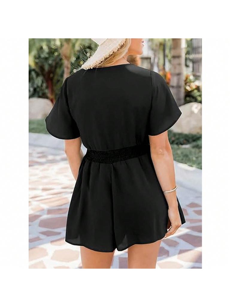 Women's Beach Jumpsuit Wide Leg V Neck Front Tie Summer Casual Romper