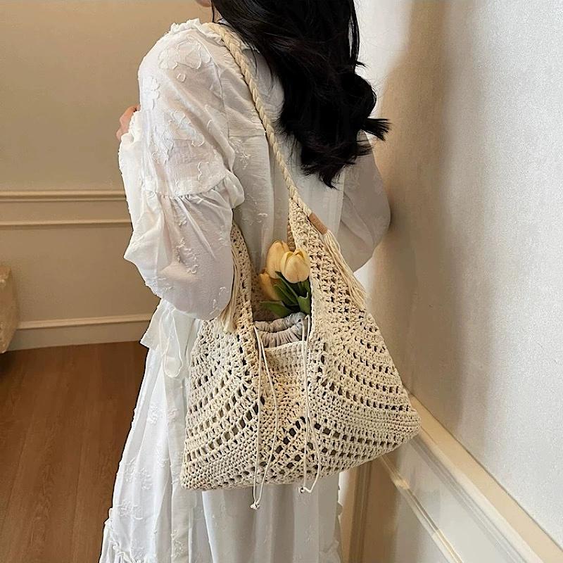 Casual Hollow Out Knitted Tote Bag Women's Summer Fashi Basket Weave Large Capacity Single Shoulder Bag for Daily Use