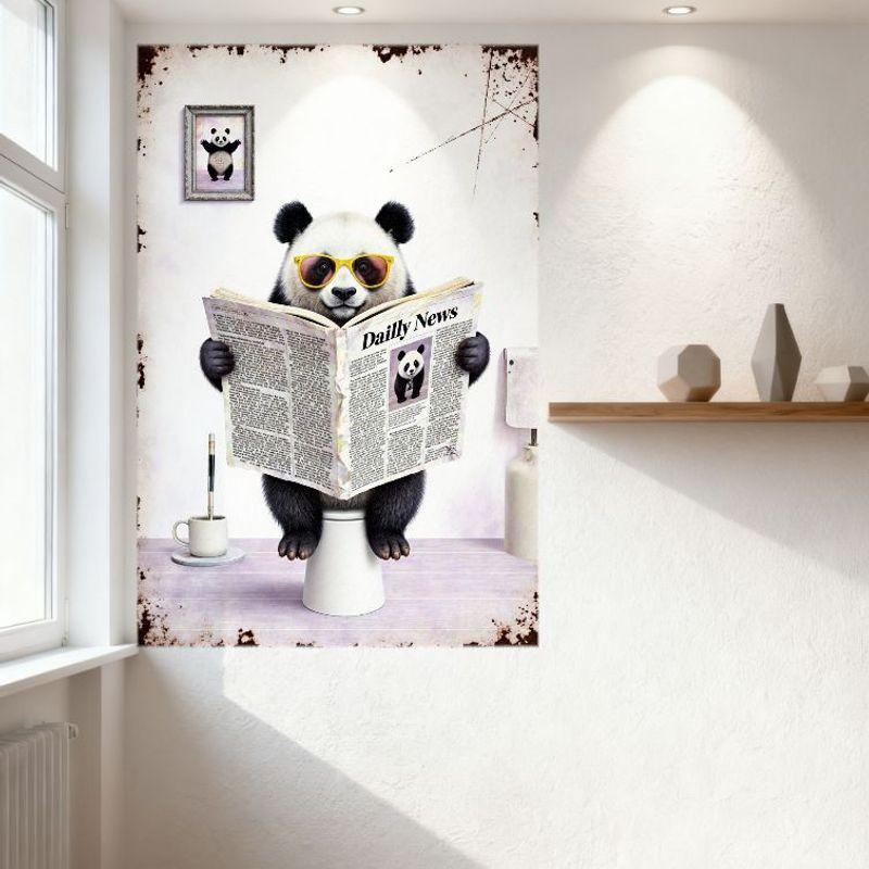 Whimsical Vintage Panda on Toilet Metal Tin Sign, Daily News Reading Illustration Wall Decor for Home Bar Man Cave Cafe Restaura